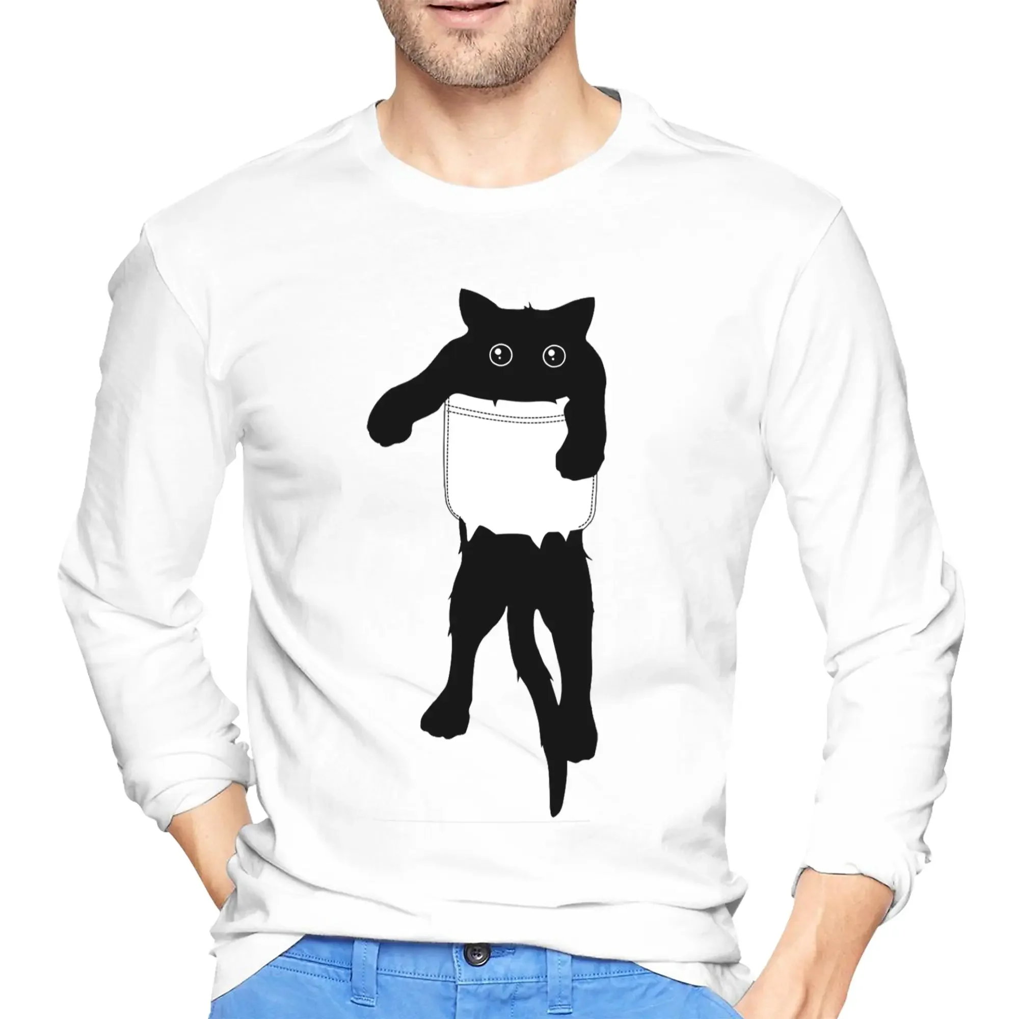 

Hang loose black cat pocket art Men's Long Sleeved T-shirt Fashion Round Neck T shirts Spring and Autumn Men tops