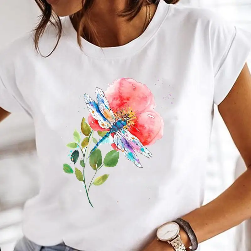 Abbigliamento donna Farfalla Fiori Stampa grafica T Shirt Vintage anni '90 Moda Semplicità Top da donna T-shirt femminili Magliette ad acquerello