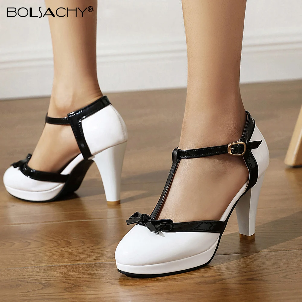

Women's Plus Size T strap High Heels Round Toe Heel Pumps Women Platform pumps with bow party wedding Shoes Chaussures de Femme