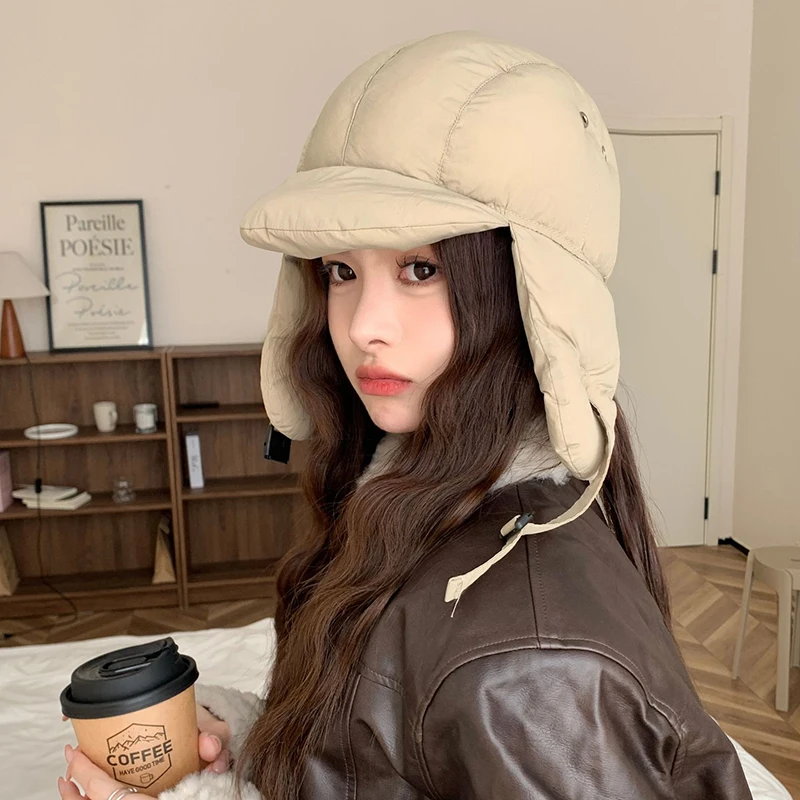 Lamuusaa Women Cotton Trapper Hat with Ear Flaps Cover Ears Winter Soft Warm Trooper Bomber Cap