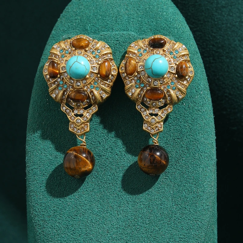 Vintage Tiger Eye Stone Bead Drop Earring Luxury Retro Brand Design Birthday Banquet High Quality Jewelry Gift Trends 2026 New