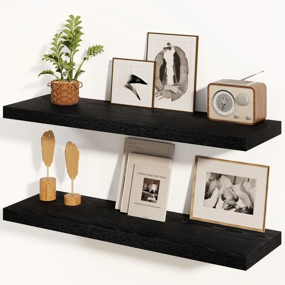 Black Floating Shelves 36 Inch Long, 8 Inch Deep Floating Shelves for Wall, D Floating Shelves Set of 2