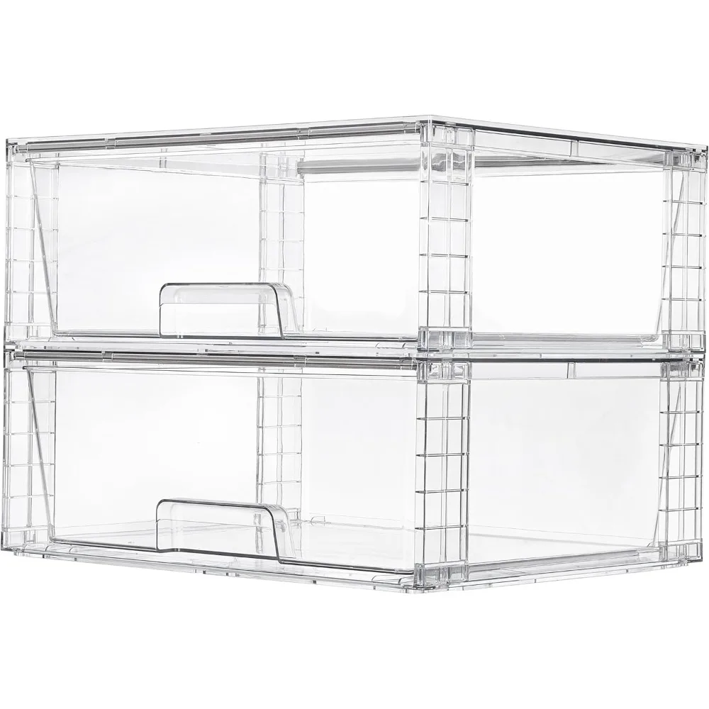 

2 упаковки больших прозрачных штабелируемых ящиков для хранения, органайзеры для удобной сборки для ванной комнаты, кухонного шкафа, кладовой