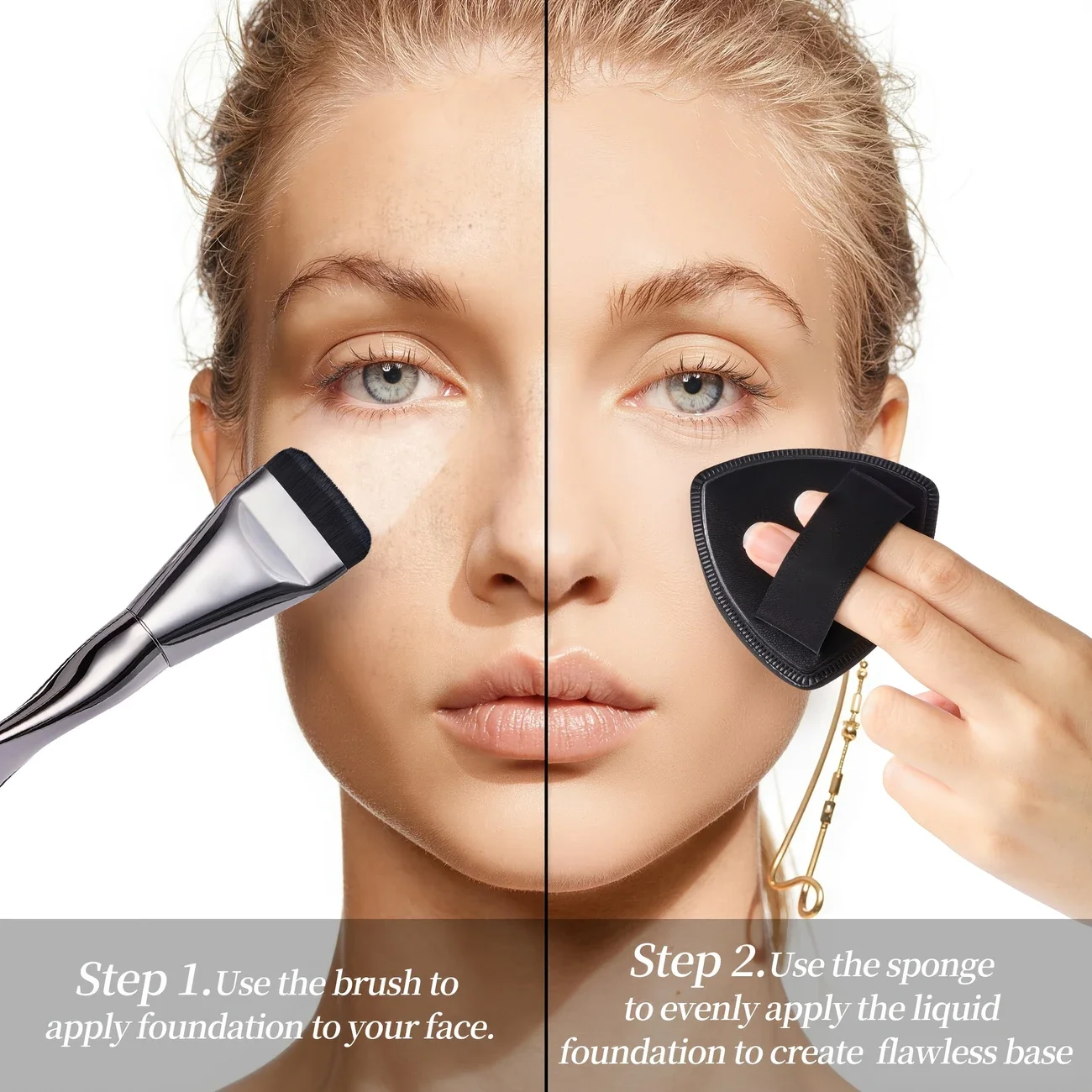 Zestaw gąbek do makijażu i pędzli do podkładu - 1 puszka do pudru + 1 pędzel do blendowania - do płynnego i kremowego makijażu - wyjątkowo miękki