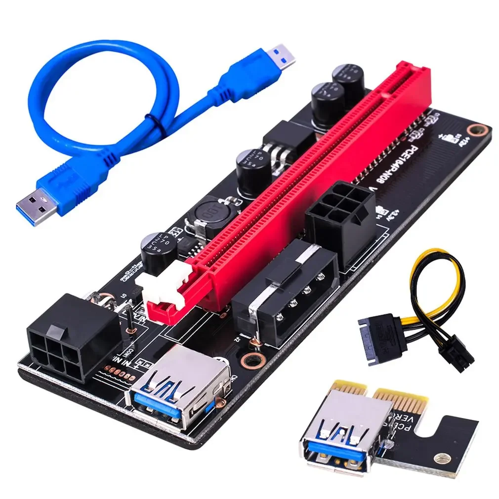 PCI-E Riser 009S 1X 16x Extender PCI E USB Riser 009S Podwójna karta adaptera 6Pin SATA 15pin do karty graficznej BTC USB 3.0