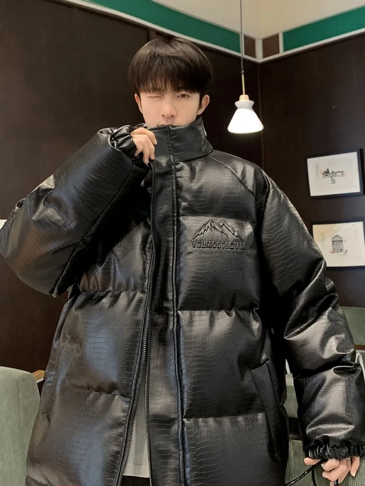 

Crocodile Pattern PU Leather Jacket Men's Winter Fashion Brand High-End Cool Bread Style Cotton Coat Warm Thickened Zipper