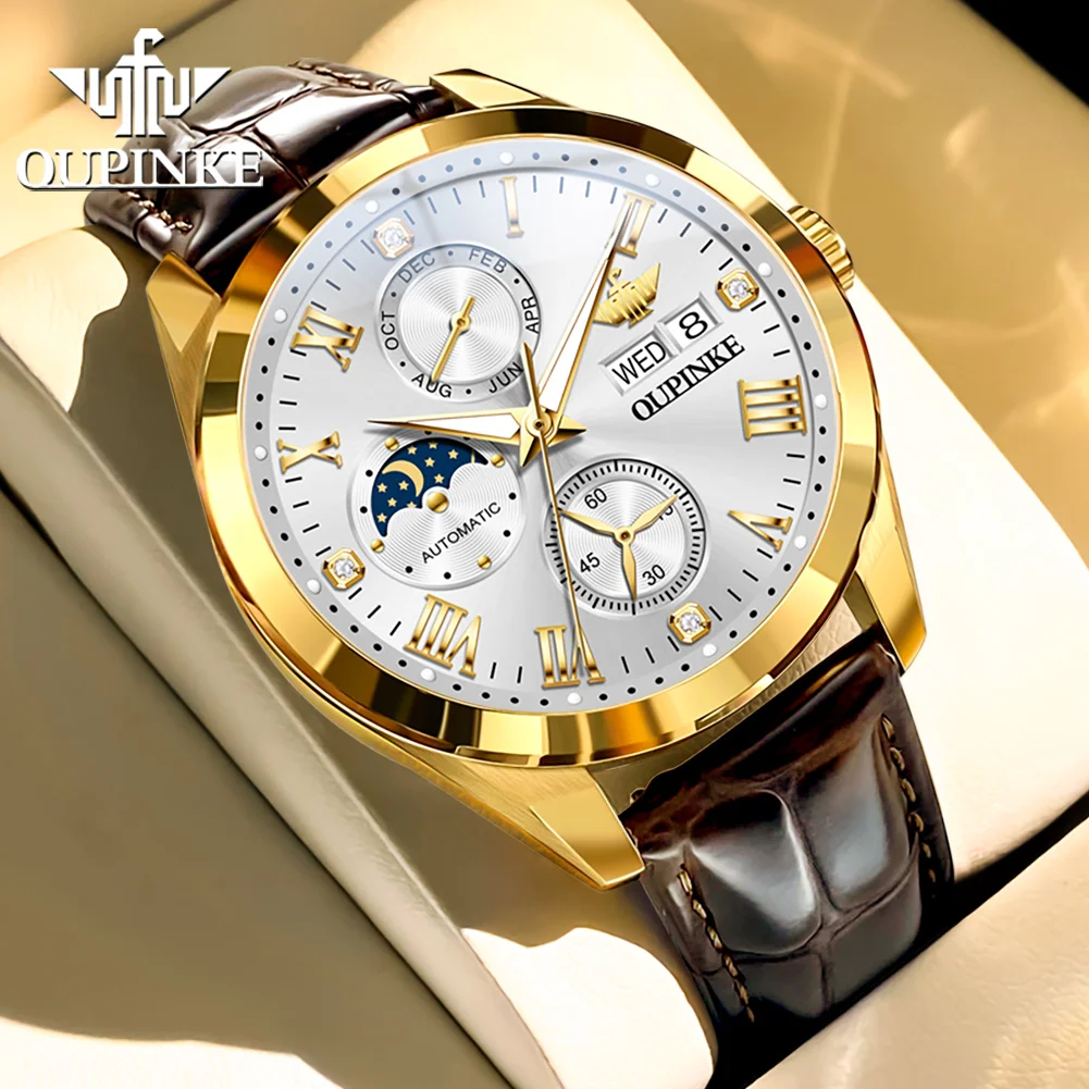 ساعات OUPINKE للرجال كاجوال بحزام جلدي أنيق من أفضل العلامات التجارية الأصلية ساعة يد ميكانيكية أوتوماتيكية مقاومة للماء وتاريخ مرحلة القمر #2