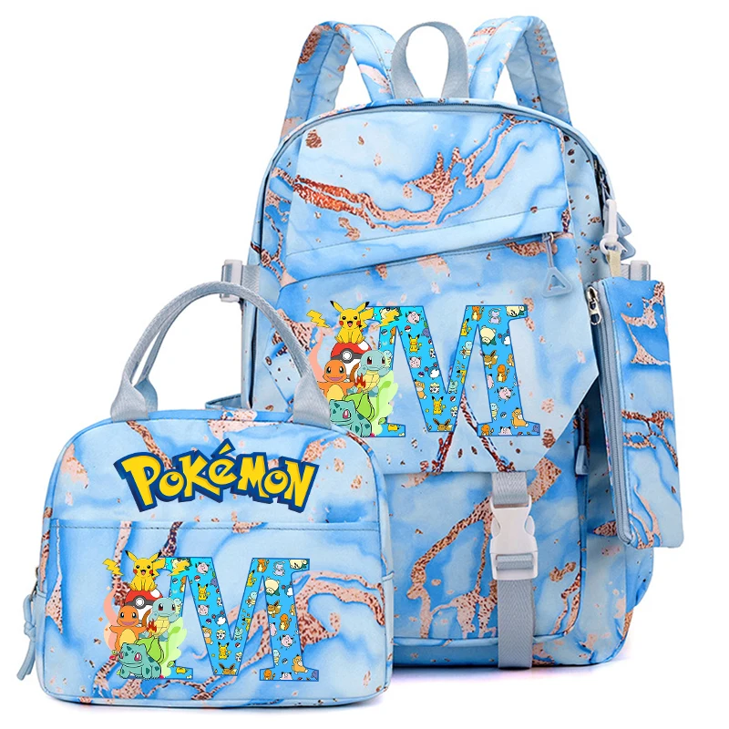 Conjunto de 3 Peças de Mochila, Estojo e Bolsa de Almoço Anime Pokémons Pikachu com Estampa de Letras de Desenho Animado, Mochila Escolar, Estojo para Canetas e Bolsa Bento, Presentes