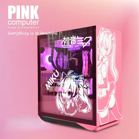 Miku anime caso pc adesivos dos desenhos animados à prova dwaterproof água computador anfitrião decalque removível atx torre do meio caso oco para fora adesivo