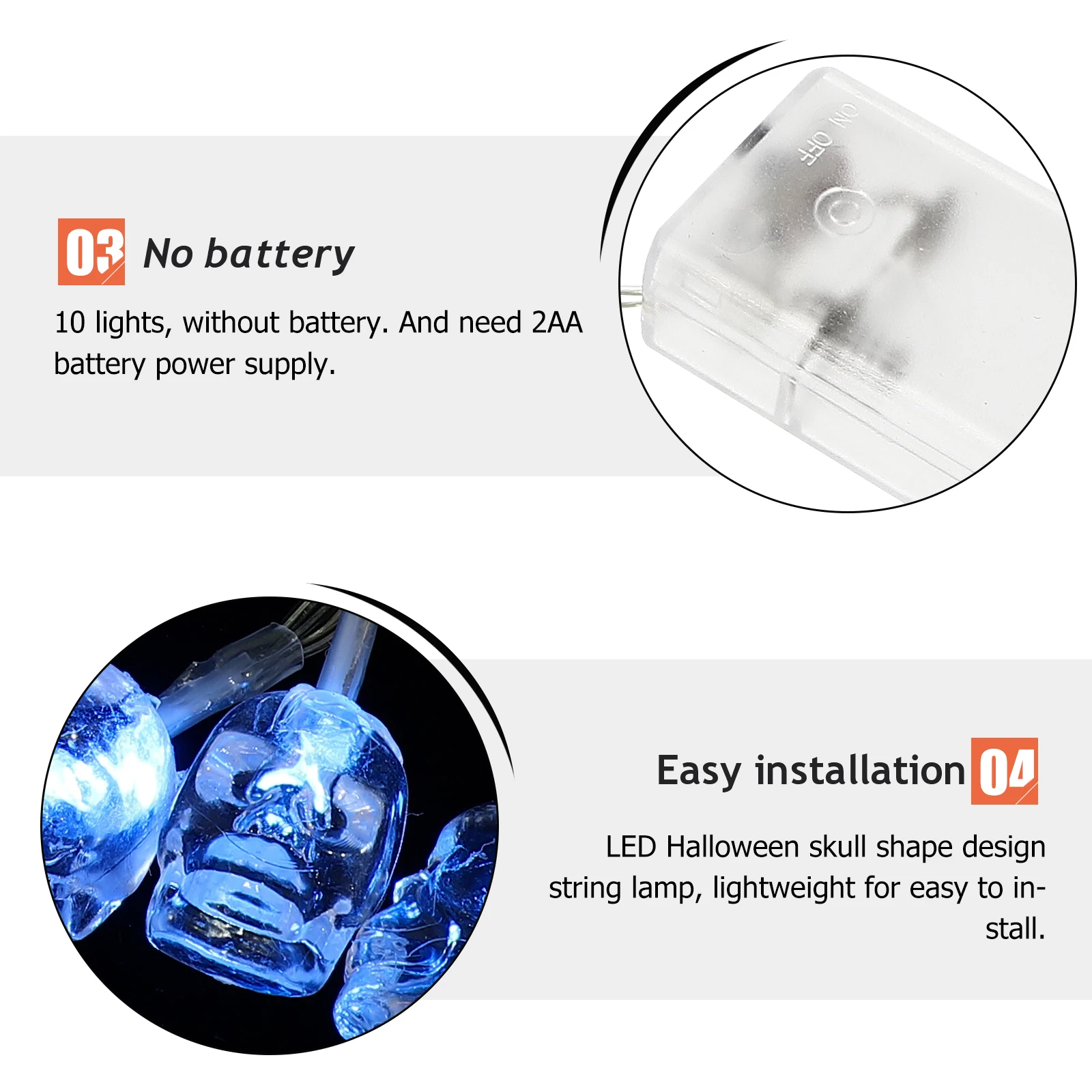 

2 Pcs Skull String Lights 10 LED Heads Blue Operated Halloween Decor Scary Skull Party Home Festive DIY