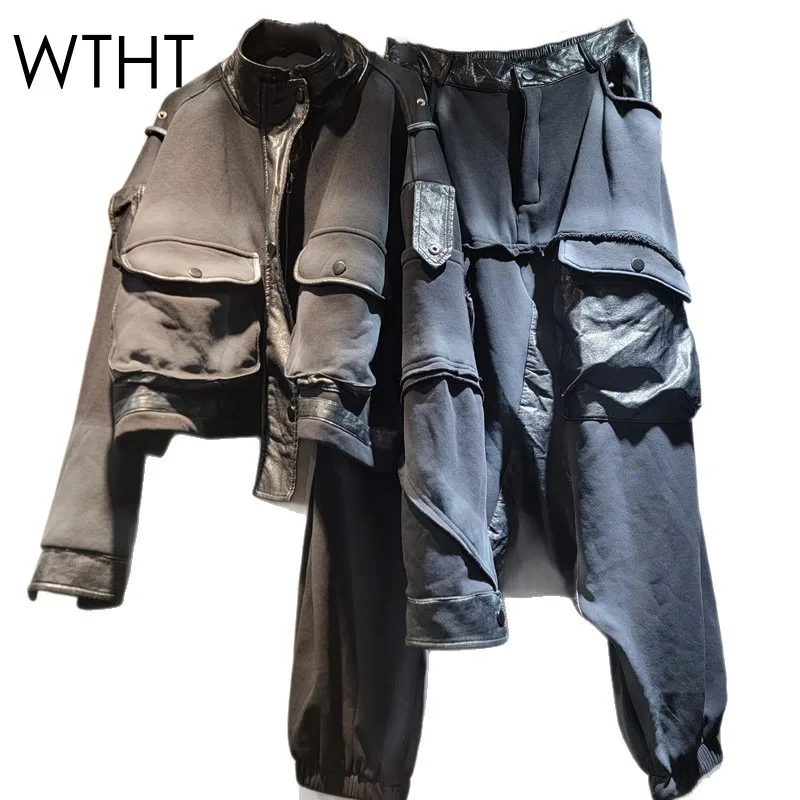 

WTHT новая модная женская куртка из искусственной кожи с пряжкой, свободные брюки с высокой талией, теплый комплект, женский зимний комплект 2025 1LS2698