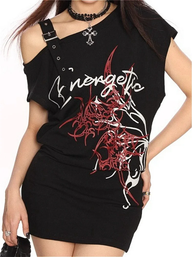 Y2K Harajuku Punk Off Shoulder Buckle Graffiti Print Slim Fit Black Cotton Bodycon Mini Dress Women Girls Clubwear Dailywear