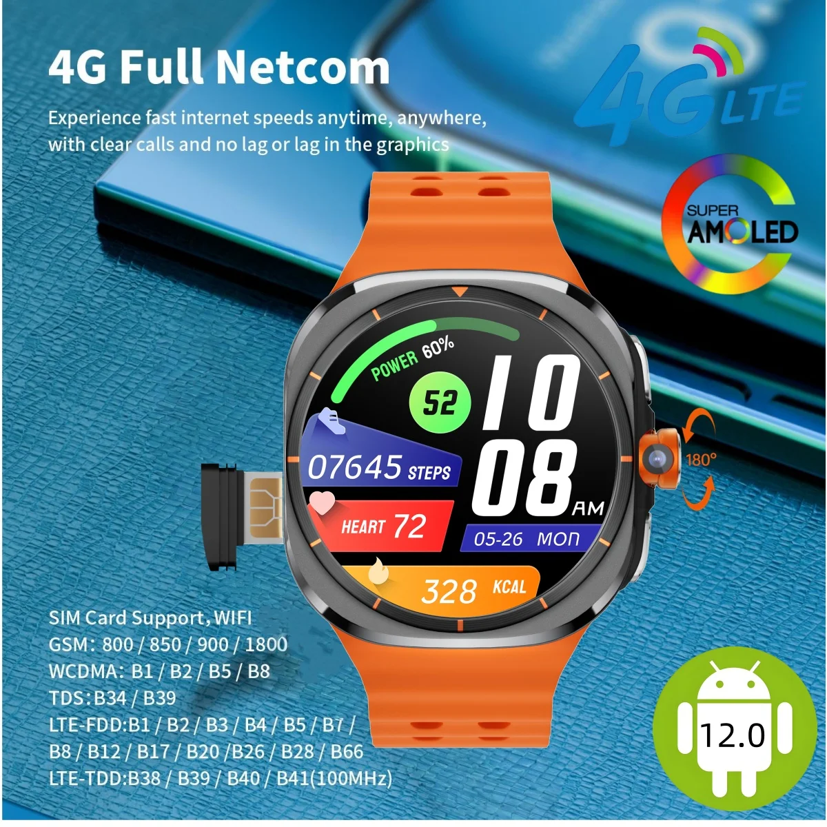 

Upgrade Android 12.0 Smart Watch Ultra 1:1 4G/5G Smartwatch With 180° Rotary Camera GPS WIFI Sim Card Slot Compass App Download