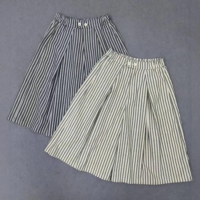 

Johnature Casual Elasticated Waist Striped Pleated Cropped Pants Women 2025 Summer New Loose Wide-leg Pants