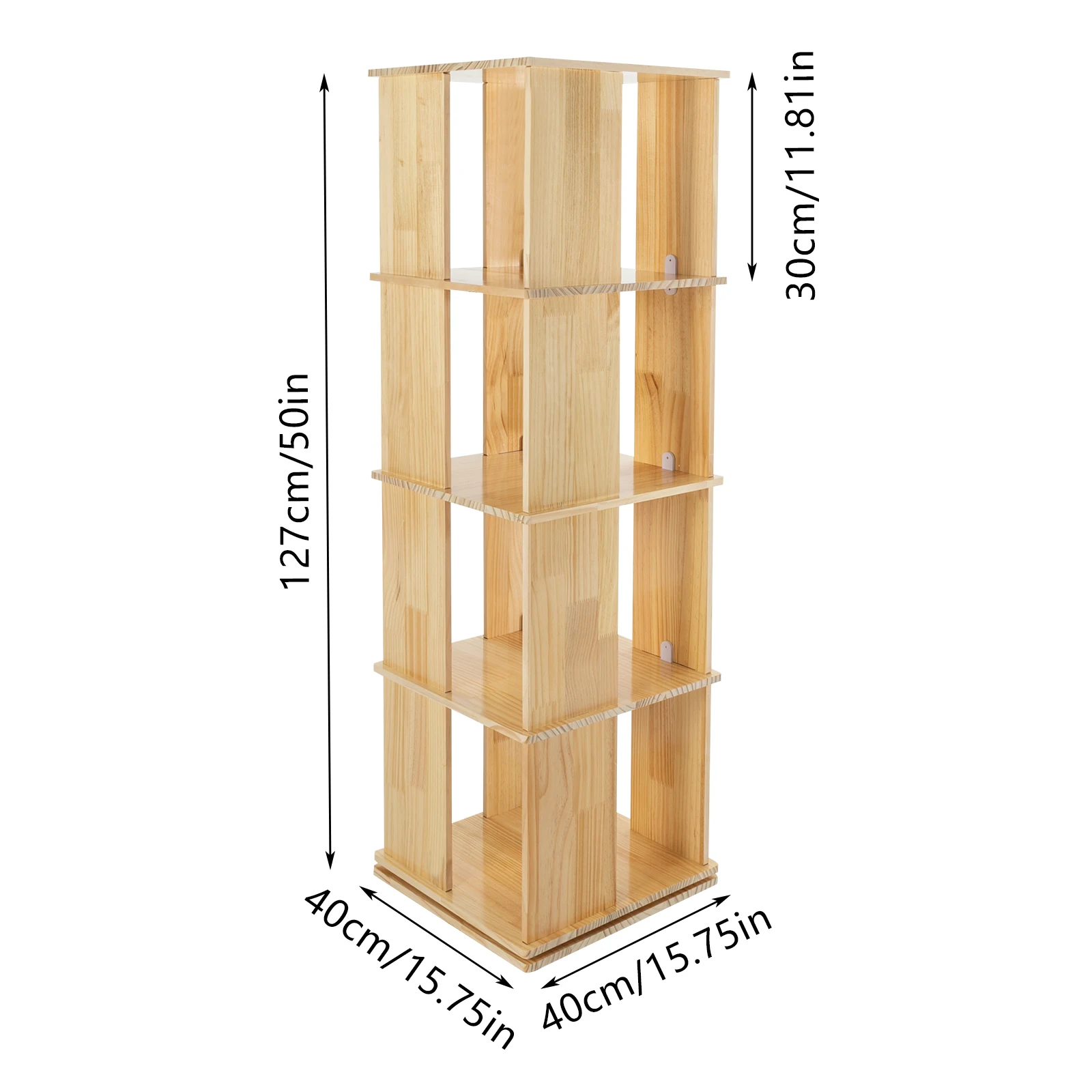 Rotating Bookshelf 360° Revolving Bookcase 4-Tier Display Shelf, Wood Color PVC Floor Standing Storage Rack for Living Room Bedroom Study, 110.23lbs Load