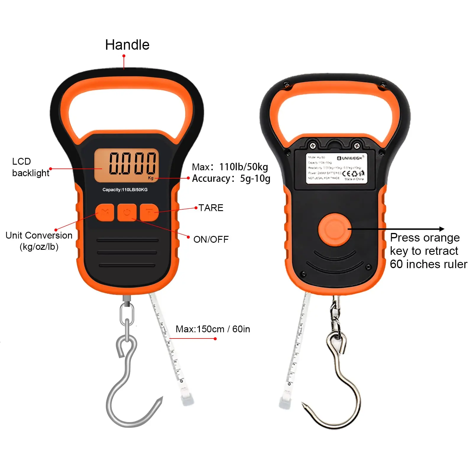 Digital Fish Weight Luggage Scale with Fish Lip Clip, Backlit LCD Display 110lb/50kg Electronic Balance Digital Fishing Rod Hook