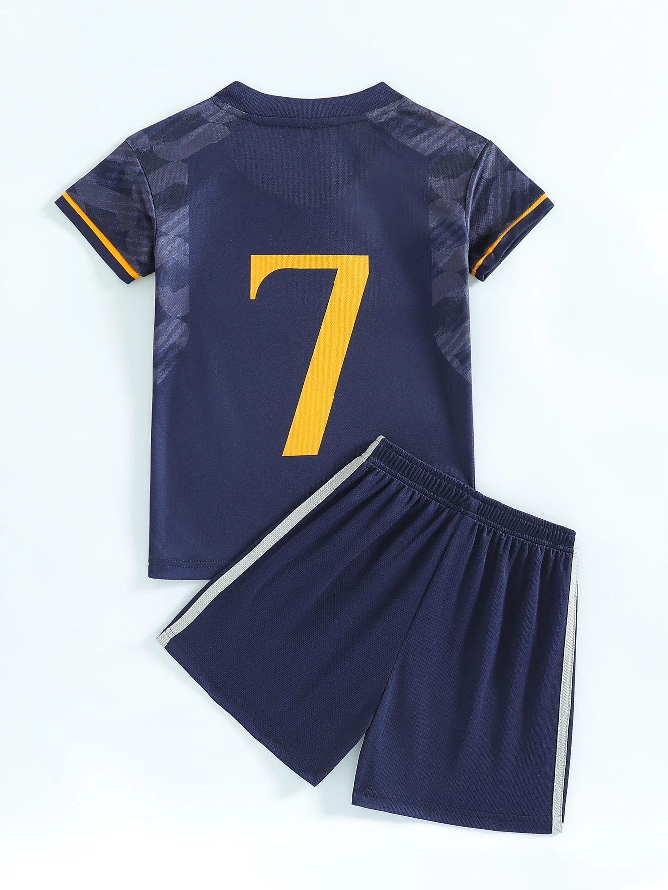 Personalized Print Name Number Kids Custom Soccer Jersey Set, Navy Blue With Gold Pattern Football Uniform
