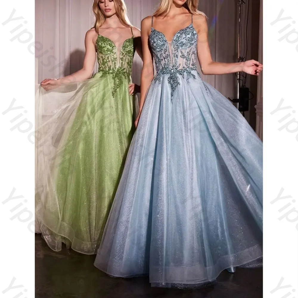 Maßgeschneiderte Abendkleider mit V-Ausschnitt, A-Linie, ärmellos, sexy Spaghettiträger, Promi-Kleid, exquisite, hochwertige Ballkleider
