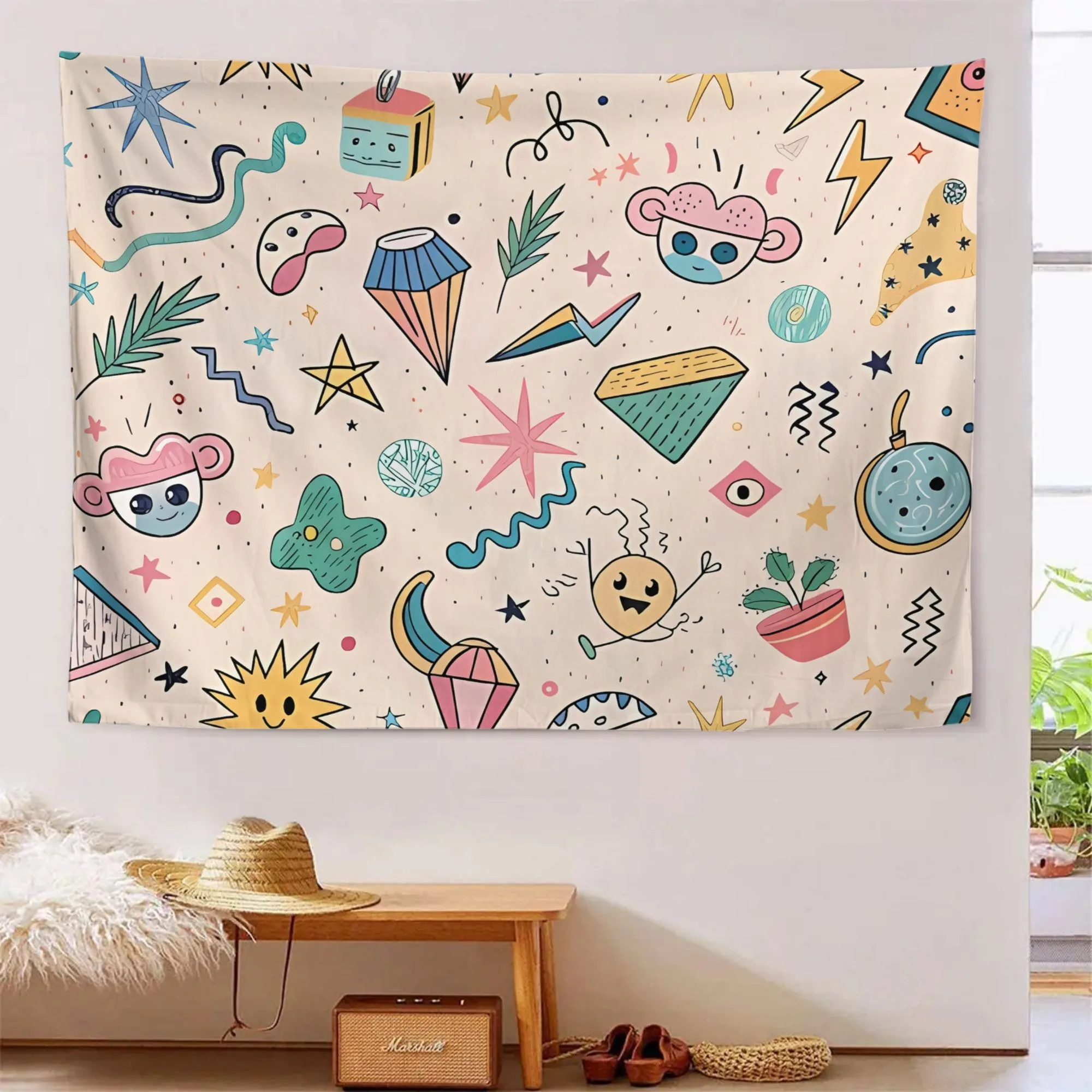 Retro Doodle Tapestry, Colorful Abstract Pattern Wall Hanging, Funky Boho Decor, Trendy Dorm Room Backdrop, Cute Art Poster