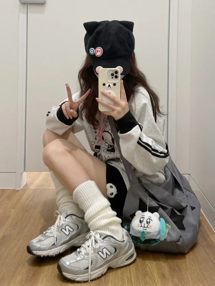 ADAgirl Anime Cat Print Hoodies Women Kawaii Kitty Long Sleeve Sweatshirt Oversized Streetwear Stripe Grey Autumn Winter Clothes