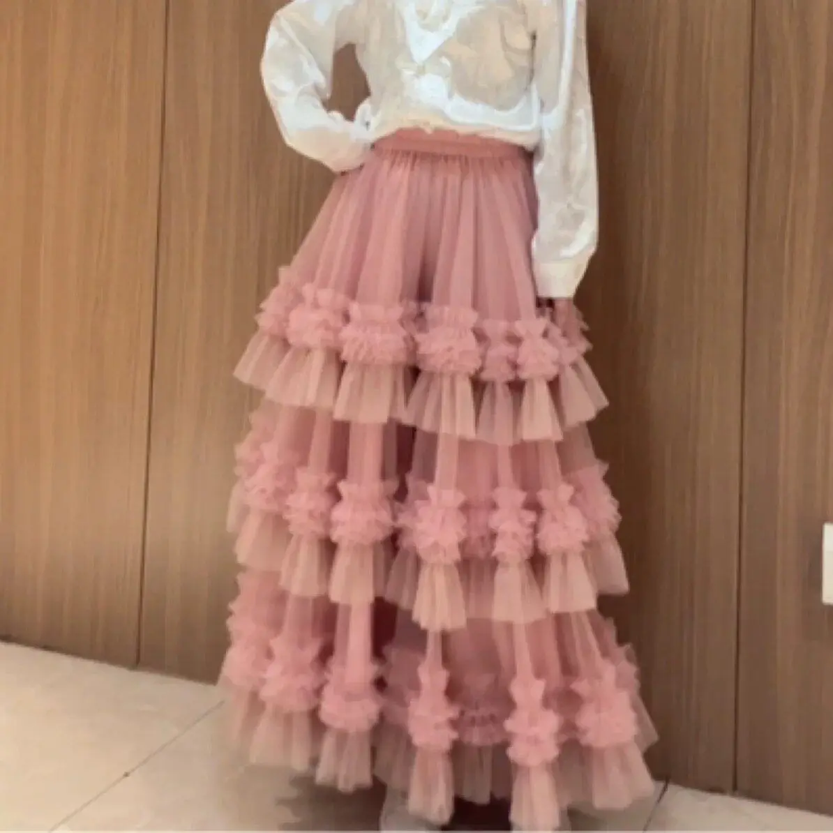 Super fairy lace cake gauze skirt long skirt sweet wind high waist A word fungus edge mesh skirt