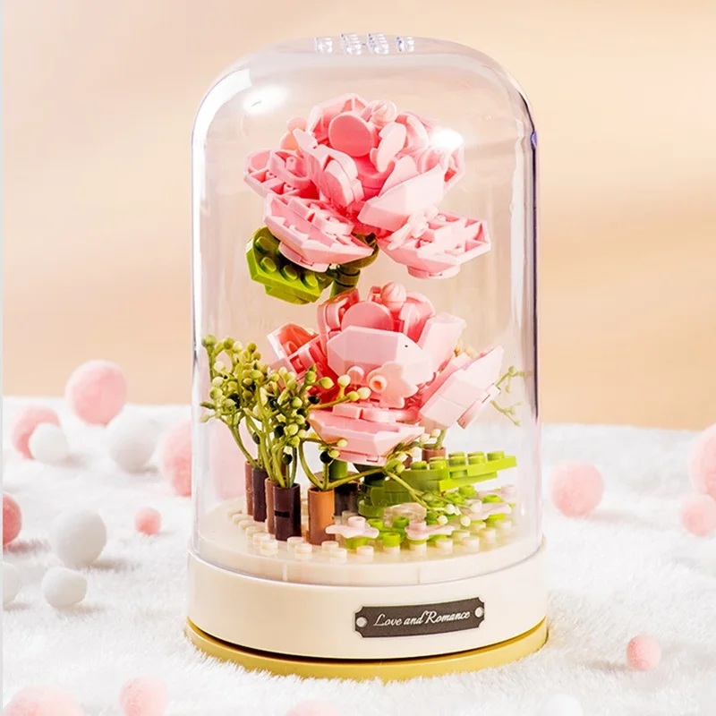 

JAKI girls building block toy set rose music box everlasting flower model assembly music box toy assembly gift