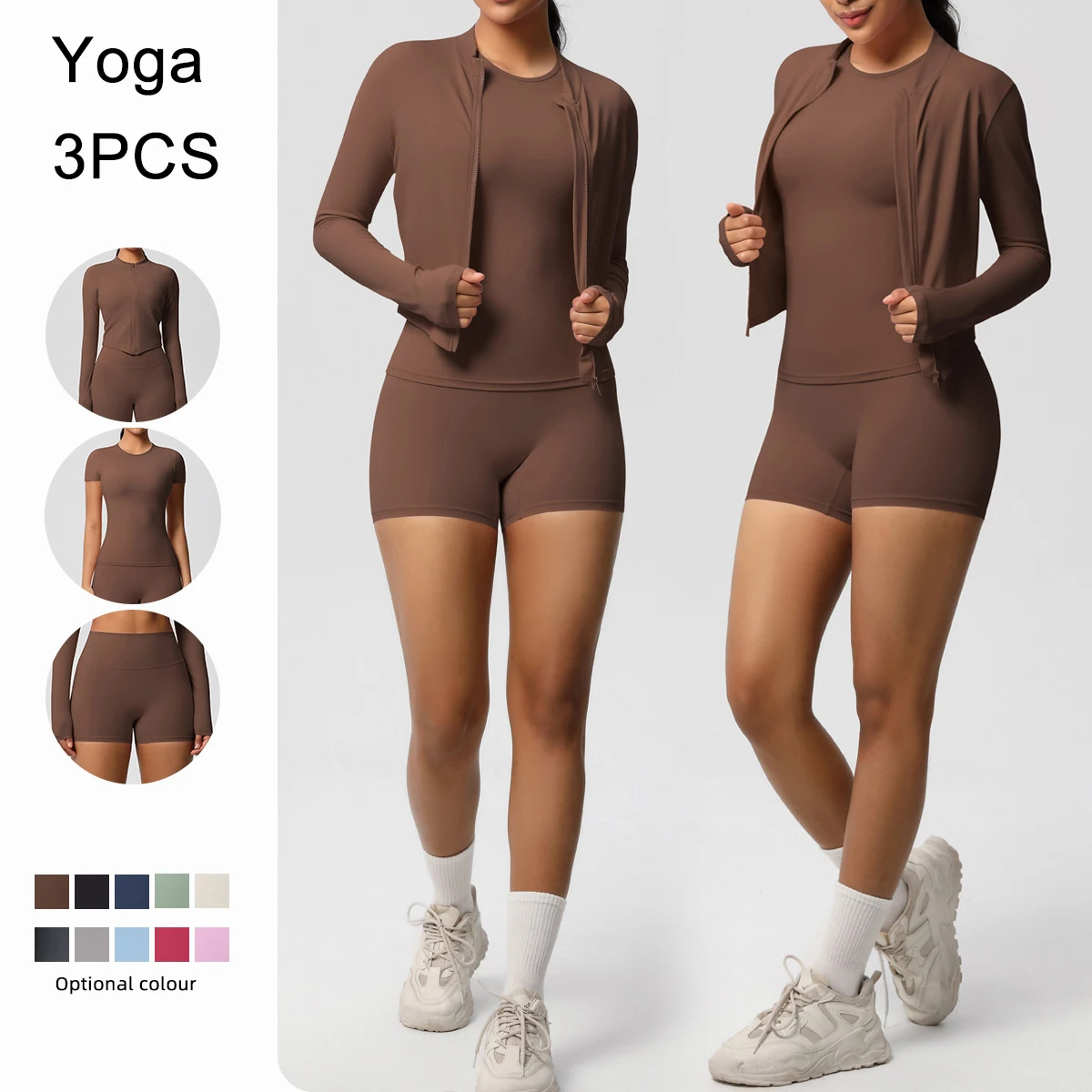 Hamidou Yoga-Set für Damen, Sport-Leggings für Damen, einfarbig, Yoga-Reißverschluss, lange Ärmel, Sportbekleidung, schnell trocknend, Yoga-Shorts-Set