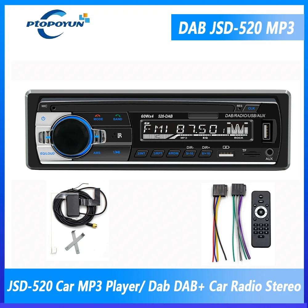 Ptopoyun Car MP3 Multimedia Player JSD-520 Dab Radio DAB+ RDS AM FM Audio Stereo Receiver 12V In-Dash 1din Bluetooth Autoradio