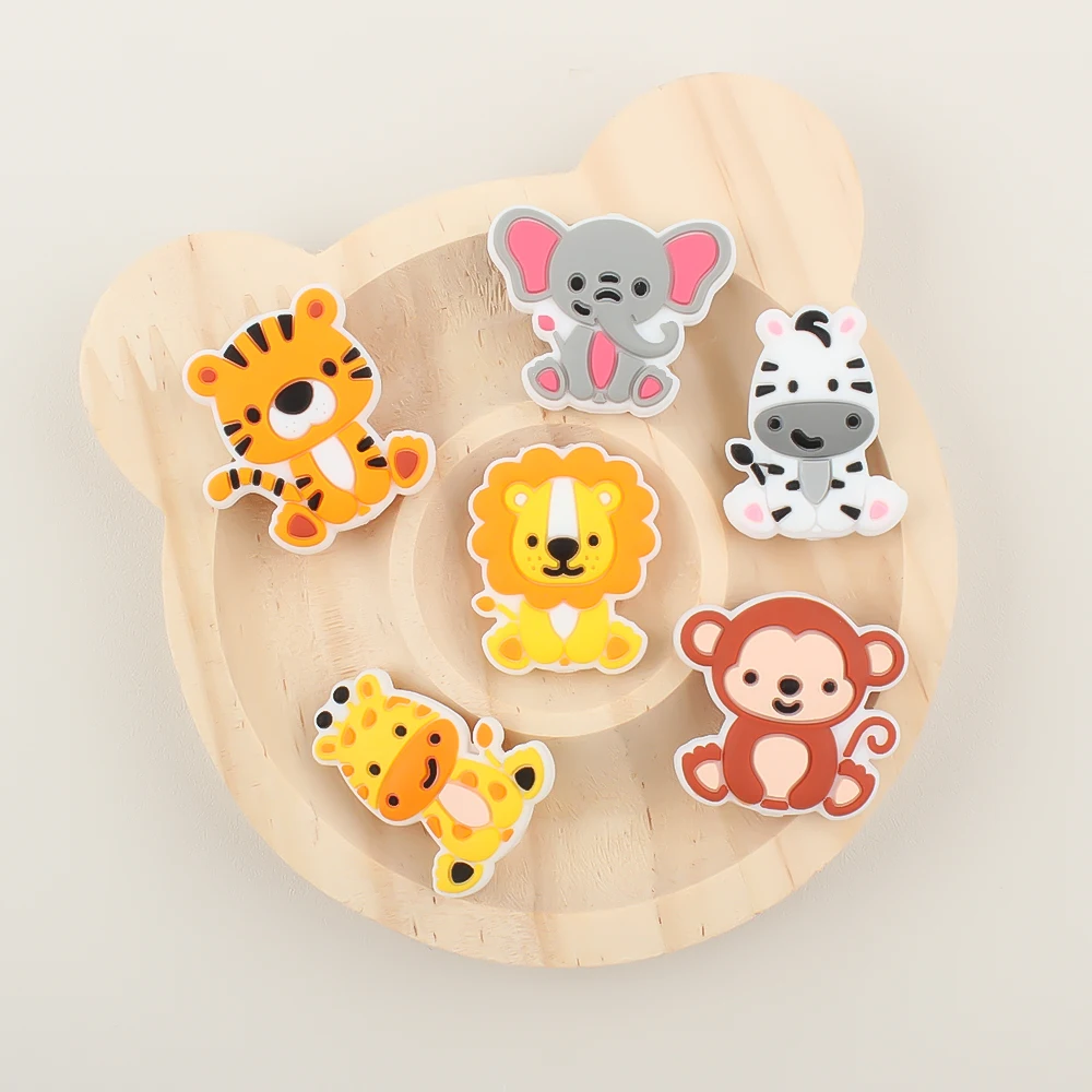 6PCS Focal Baby SiliconeBeads Lion Tiger Monkey Giraffe Spacer Beads Teething Toy for DIY Pacifier Clips Pen Chain Accessories