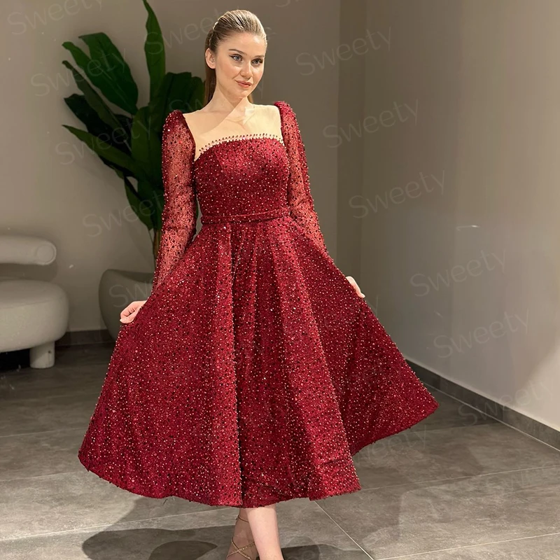 

Luxurious Prom Dresses Lace With Beading Mid-Calf A-Line Ball Gown Square Collar Full Sleeve Evening Dress Zipper Vestido De No