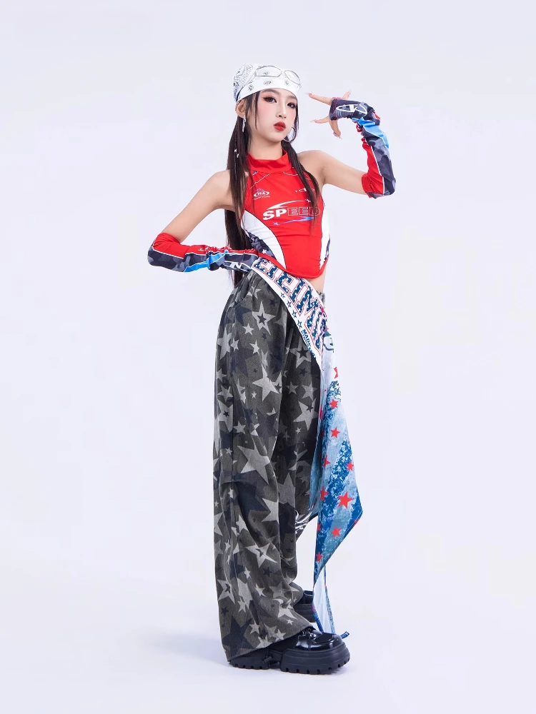 Girls Hip-Hop Street Dance Clothes Cool Jazz Dance Costumes Red Top Baggy Pants Ballroom Hip Hop Dancing Clothes Stage Outfits