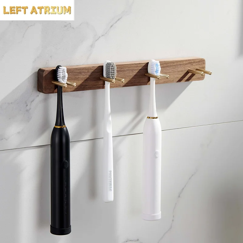 Wooden Brass Toothbrush Holder Wall-mounted Toothbrush Rack Punch-free Bathroom Shelf Electric Toothbrush Holder Storage Rack