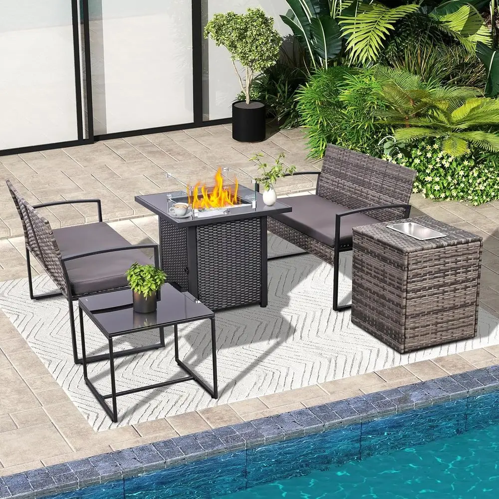 

Серый комплект уличной мебели для патио с 28-дюймовым столом-очагом и отсеком для хранения льда для балкона, зоны у бассейна, веранды