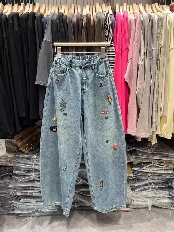 

Большие размеры 300, джинсы с вышивкой в стиле ретро, повседневные свободные летние широкие брюки с высокой талией для мужчин и женщин