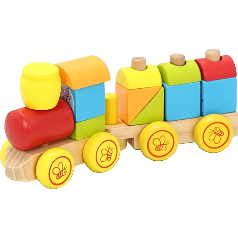 

TEMIKIDS Wooden Building Block Train Push-Pull Cartoon Animal Children's Educational Shape Building Block Set Column Toy B157
