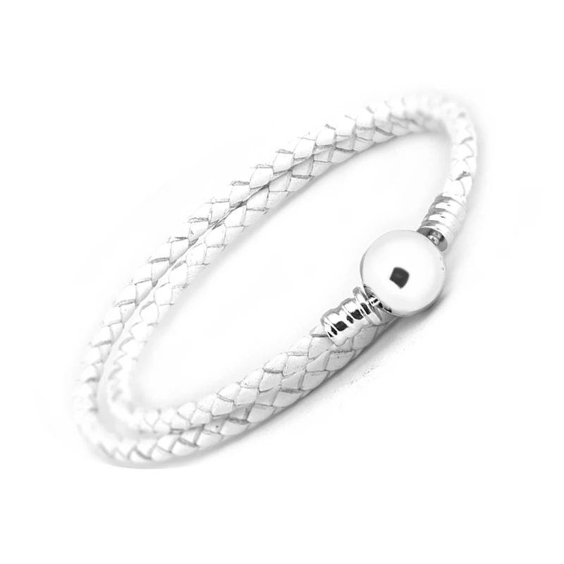 White Leather Bracelet 925 Sterling Silver Round Clasp Women's Bracelets fine DIY Charm bangle Homme Jewellery Gift