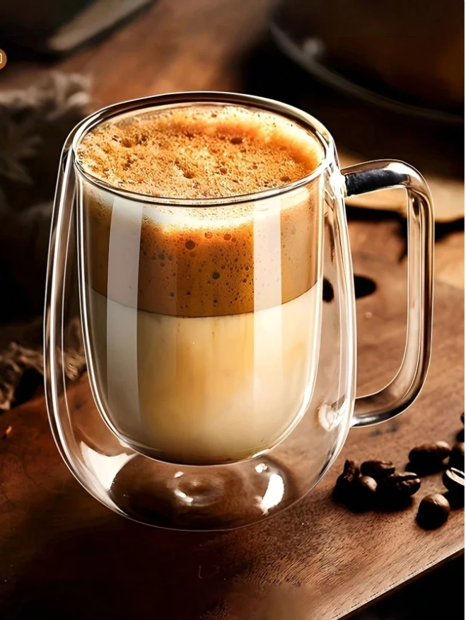 Double-layer heat-insulating and heat-preserving glass coffee cup, transparent cup, suitable for party return to school