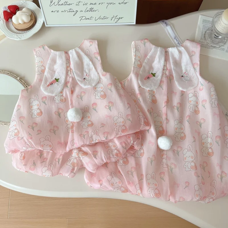 

New Baby Girl Two-Piece Set Summer Girl2024Suit Sleeveless Children's Pink Rabbit Bud Skirt Dress