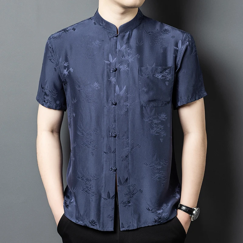 Chinese Style Silk Shirts For Men Short Sleeved Pocket Jacquard Summer Quality Soft Comfortable Satin Coolness Camisas De Hombre