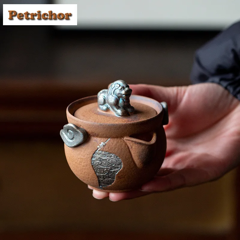 

150ml Gilt Silver Old Rock Clay Cloud Pixiu Teapot Traditional Tea Infuser Pot Tea Soaking Kettle With Ball Hole Cafe Decoration