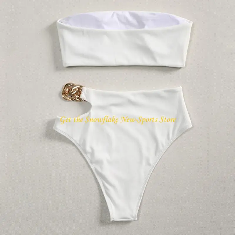 E56D Women Sexy 2pcs Set Strapless Bandeau Ribbed Color Swimsuit Cutout High Waist Chain Thong Bathing Suit