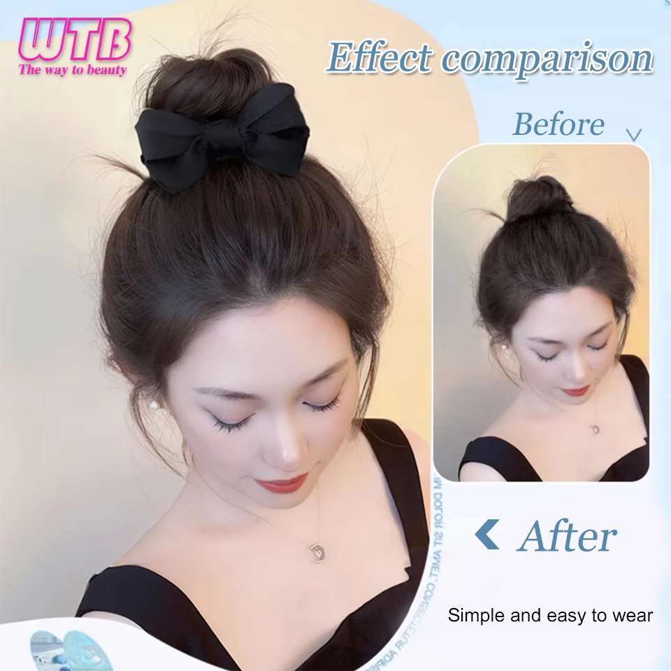 Wig Sanggul sintetis wanita, Wig cakar pita, Wig Chignon bunga, Wig hitam terintegrasi tahan panas untuk penggunaan sehari-hari