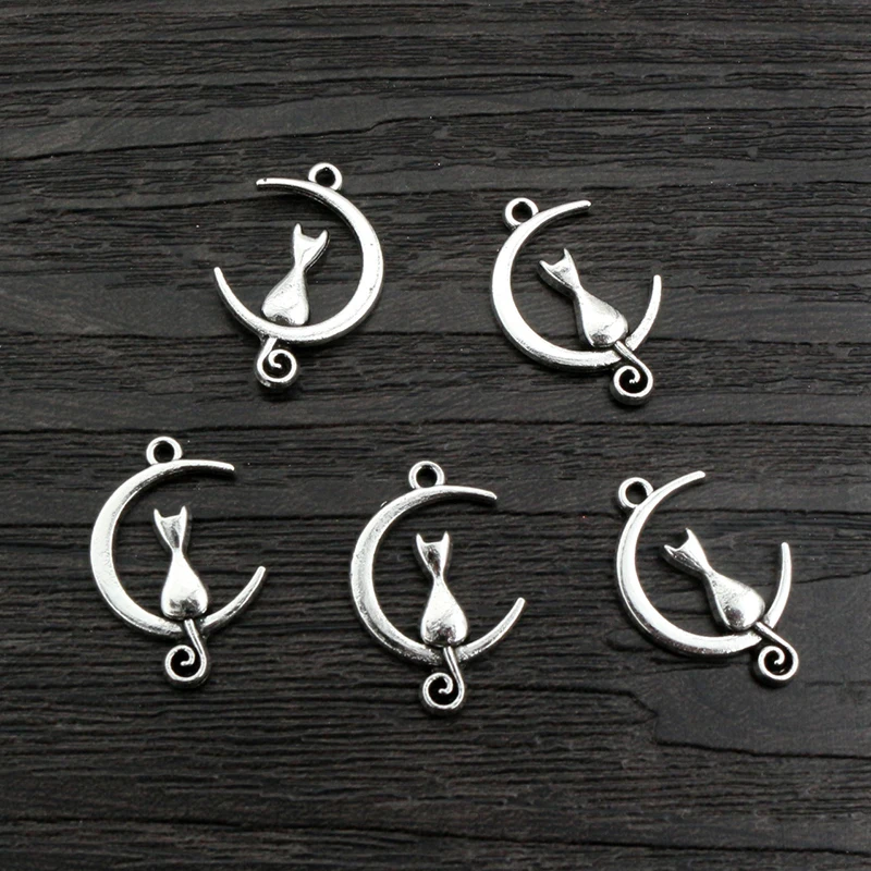 40pcs 21x14mm Antique Silver Color Cat Moon Handmade Charms Pendant DIY Jewelry Making Accessories for Bracelet Necklace