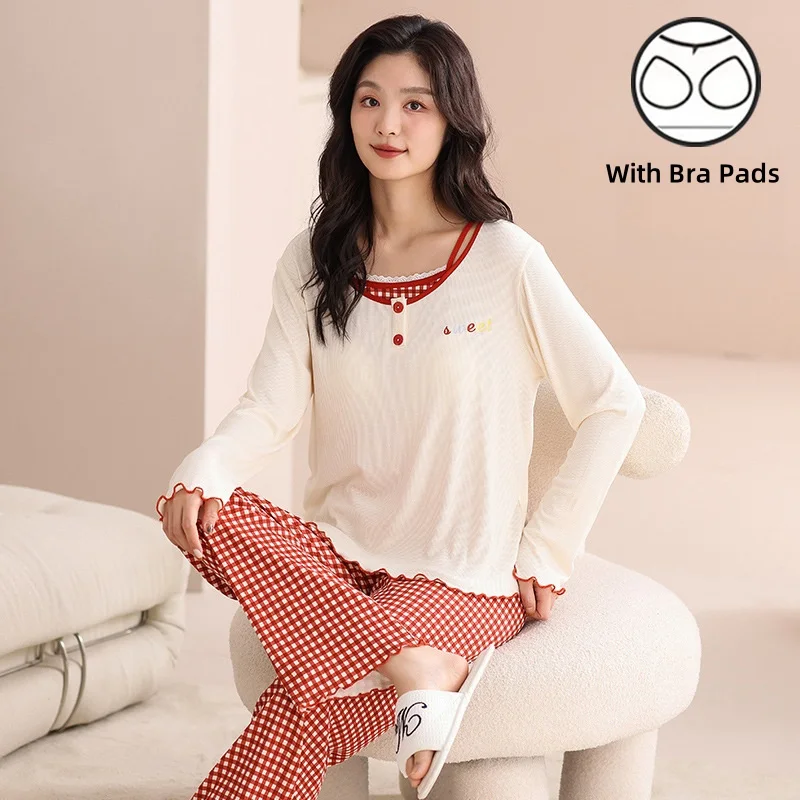 Pajamas Women With Chest Pads Spring Autumn Threaded Cotton Pajamas Long Sleeve False Two Piece Suit Home Clothing