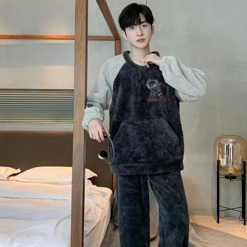 2023 Men's Warm Flannel Pajama Sets Autumn Winter Thicken Coral Velvet Sleepwear Loose Long Sleeve Homewear Home Clothes Sets