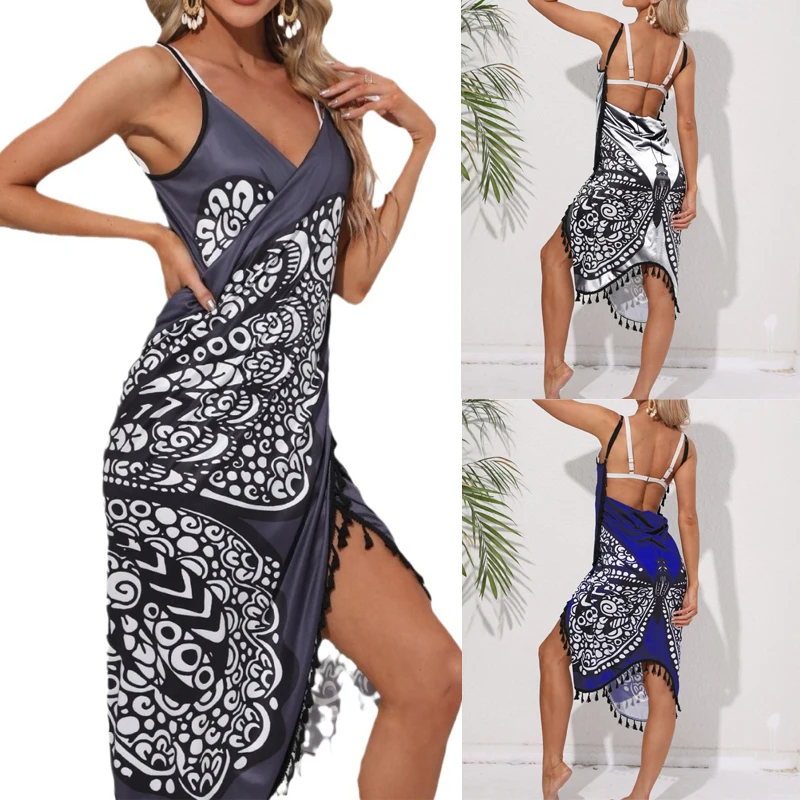 Bikini donna Sexy farfalla stampa Cover Up costumi da bagno donna vestito tunica estiva bagno Sarong gonna a portafoglio costume da bagno elegante Beachwear