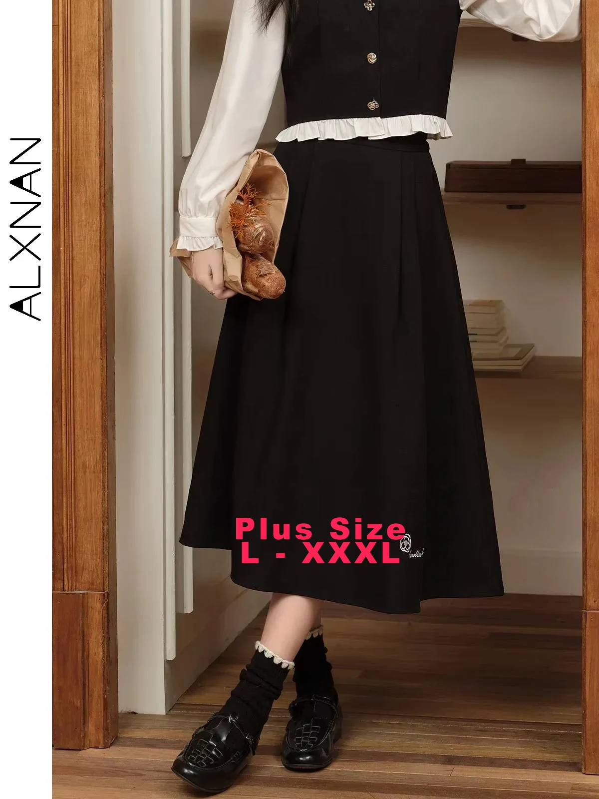 

ALXNAN Plus Size Black Skirts Embroidery Elastic Waist A-line Skirts Elegant High-waist Casual Layering Woman Skirts D068015BSQ