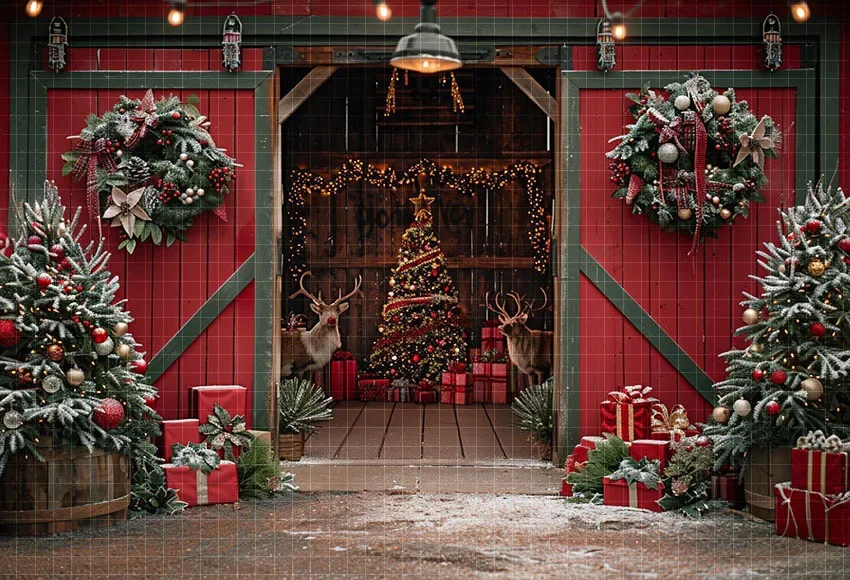 Mehofond Photography Background Winter Christmas Red Barn Door Xmas Tree Kid Family Holiday Portrait Decor Backdrop Photo Studio