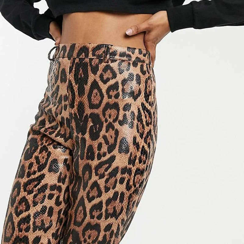 Women Faux Leopard Print Pants Sexy High Waisted PU Leather Leggings Ladies Vintage Stretchy Tights Trousers Autumn New Custom