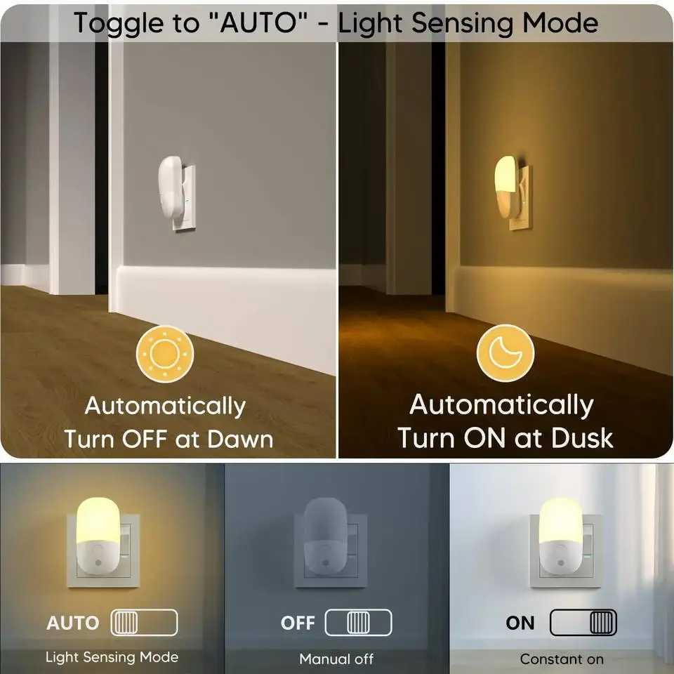 Plug in Night Light, Warm White LED Nightlights with Smart Dusk to Dawn Sensor for Kids, Nursery, Ideal for Bedroom, Bathroom